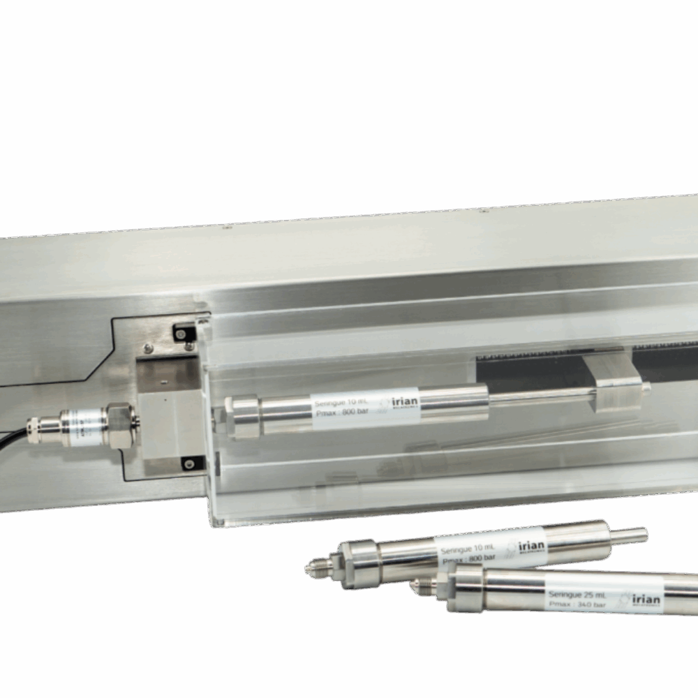 Precision syringe pump for chemistry research. Custom high-pressure syringe pump for physicochemical studies in a laboratory, engineered by IRIAN MECATRONICS.