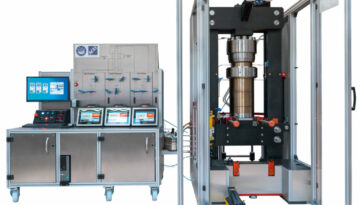 Presse d'essai triaxial HPHT conçue par IRIAN MECATRONICS pour la caractérisation de roches en laboratoire de recherche.