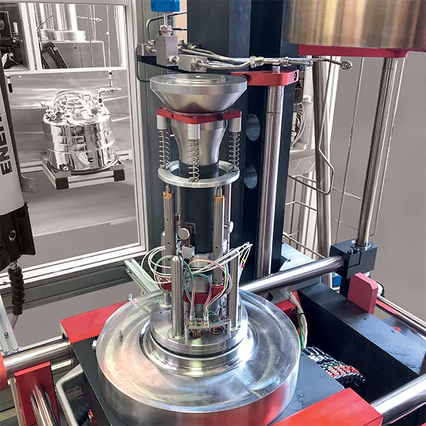 TRIAX 200 triaxial cell during assembly, sample holder in place