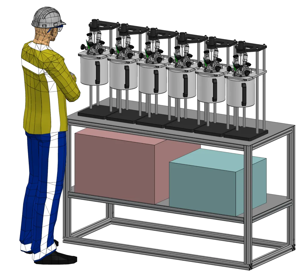 Hydrogenation test bench with six reactors, 3D view with operator for scale