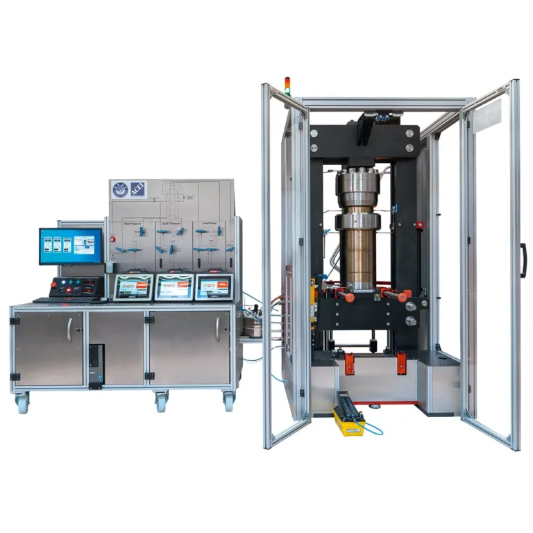 High-pressure triaxial test cell installed in a research laboratory