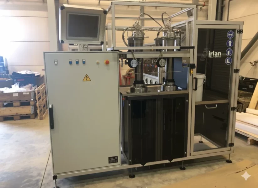 Dual-piston pump skid for industrial mixing. 3L dual-syringe injection bench, designed by IRIAN MECATRONICS for mixing shear-sensitive industrial fluids.