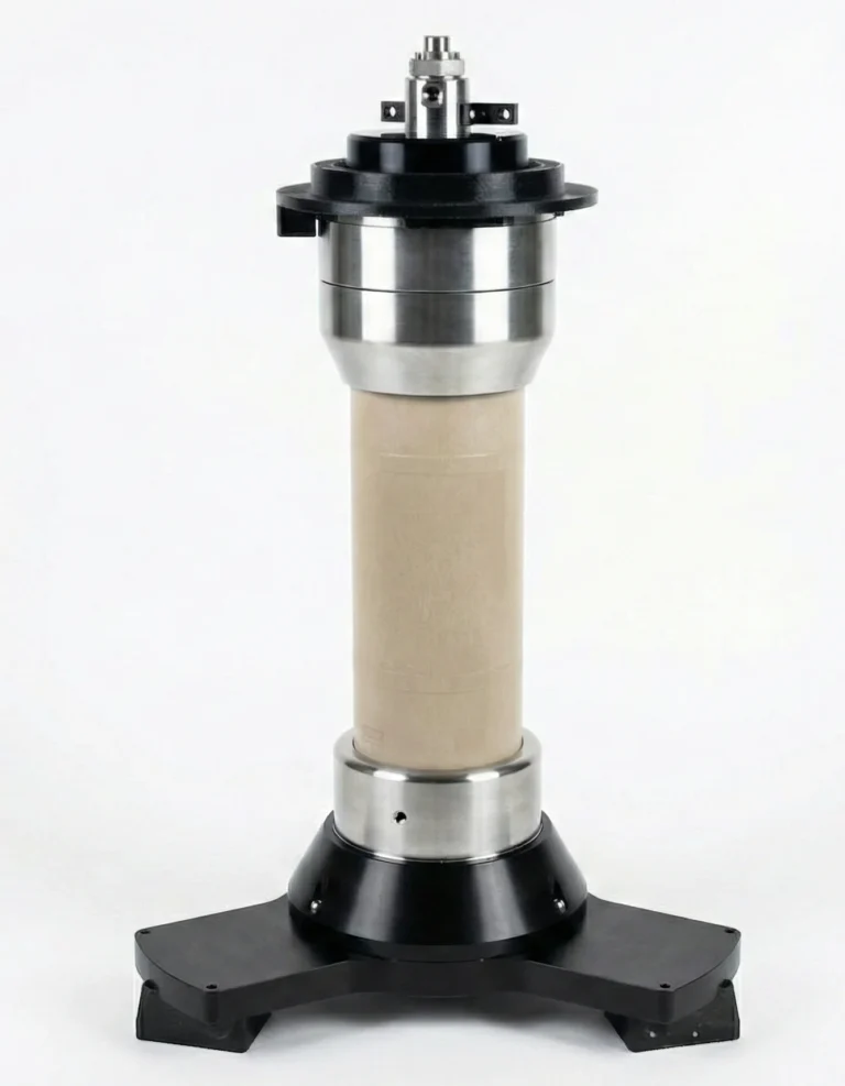 Cellule triaxiale en PEEK transparente aux rayons X, conçue par IRIAN MECATRONICS pour le BRGM, sur son banc d'essai pour la microtomographie.