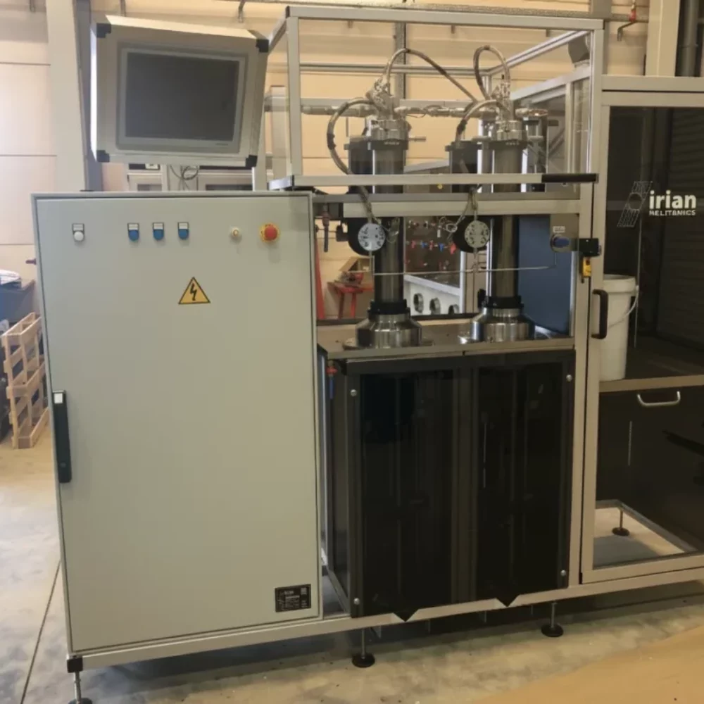 Banc d'injection à double seringue de 3L, conçu par IRIAN MECATRONICS pour le mélange de fluides industriels sensibles au cisaillement.