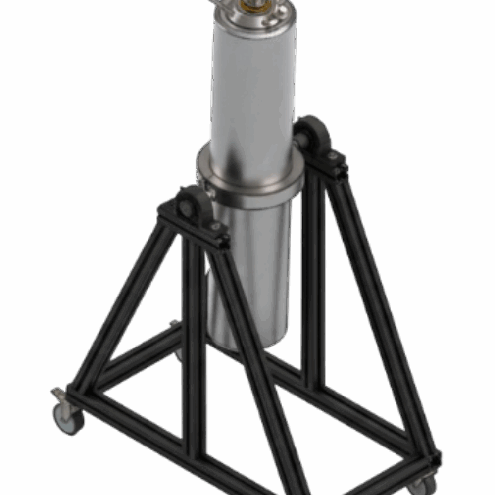 HPHT Floating Piston Cell (1200 bar) A tall, stainless steel high-pressure, high-temperature (HPHT) cell mounted vertically within a black, mobile frame with caster wheels.