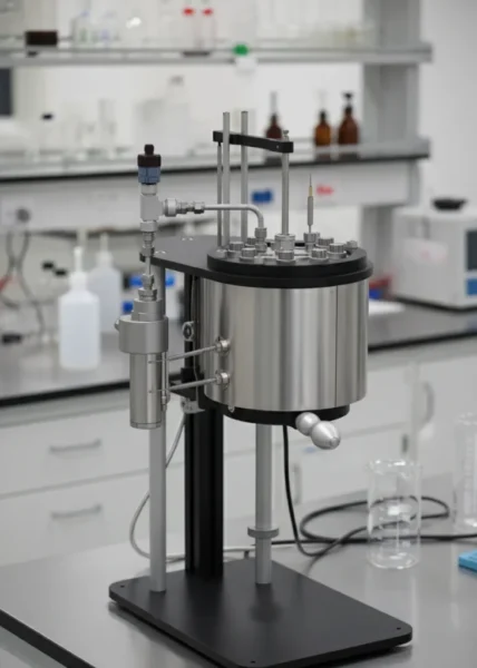 A custom 550 bar HPHT reactor made of Super Duplex, mounted on an articulated laboratory stand. Close-up of the reactor lid showing multiple high-pressure ports for instrumentation and fluid lines. The complete reactor system with its external heating jacket and control cabinet.
