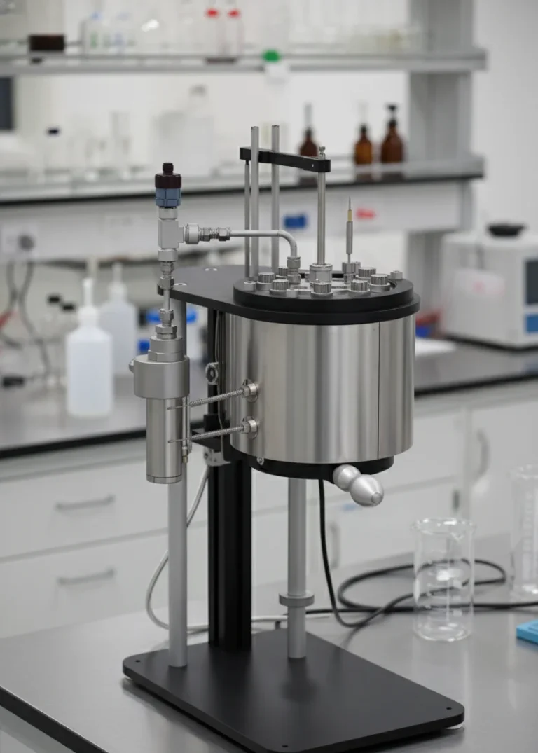 A custom 550 bar HPHT reactor made of Super Duplex, mounted on an articulated laboratory stand. Close-up of the reactor lid showing multiple high-pressure ports for instrumentation and fluid lines. The complete reactor system with its external heating jacket and control cabinet.
