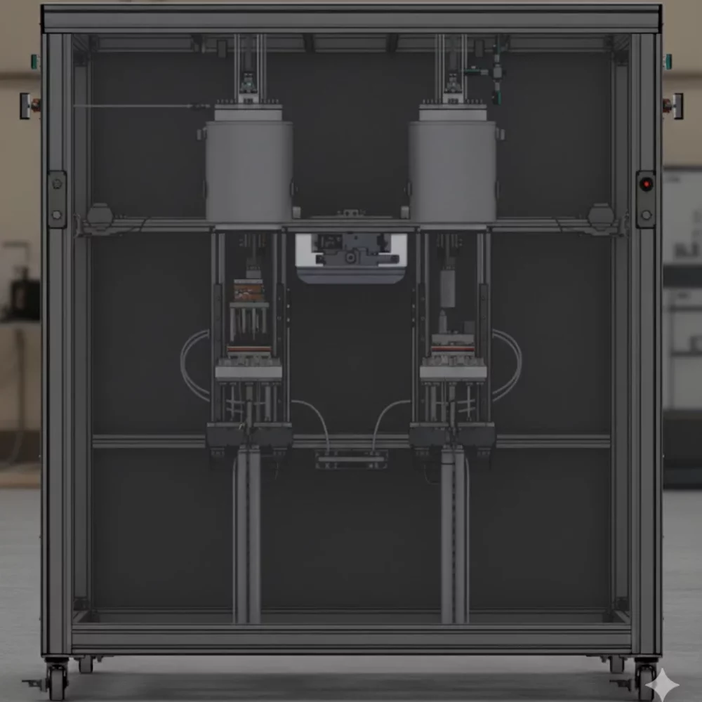 cerege-abyssal-test-bench-high-pressure-titanium 3D render of Irian Mechatronics test bench for CEREGE, simulating 1000 bar and 2°C deep-sea conditions. Features Titanium (Ti 6Al-4V) cells, high-pressure pumps, and isobaric sampling system for abyssal microorganism studies.