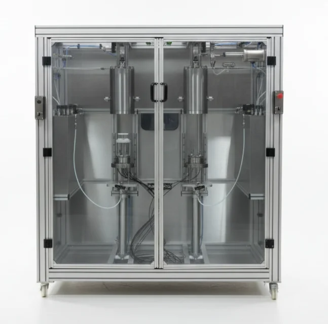 Irian Mecatronics test bench for CEREGE, simulating 1000 bar and 2°C deep-sea conditions. Features Titanium (Ti 6Al-4V) cells, high-pressure pumps, and isobaric sampling system for abyssal microorganism studies.