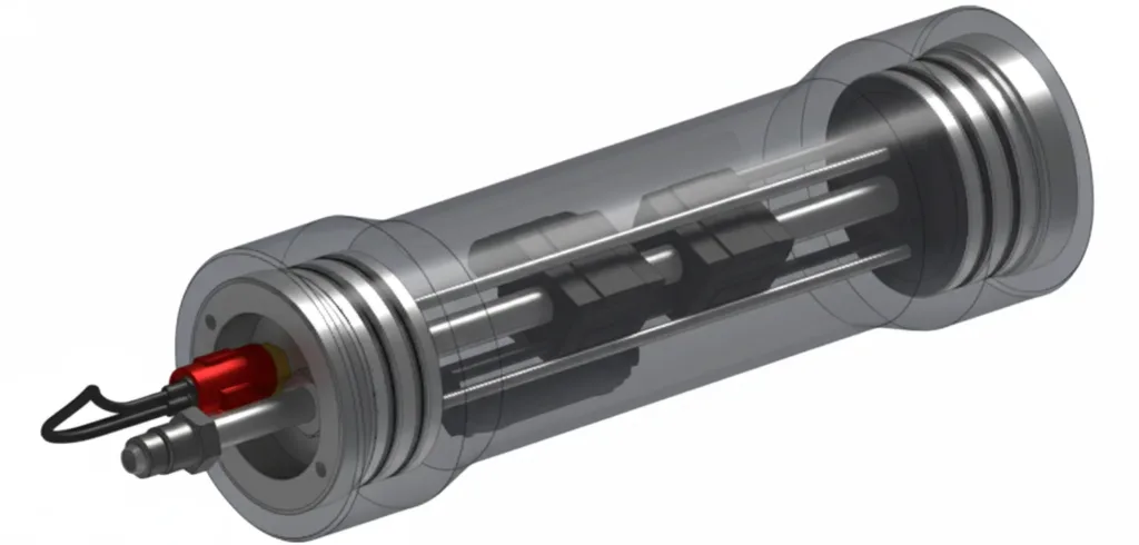 Design drawing of the flowmeter marinised for 6000 m depth, showing the pressure housing