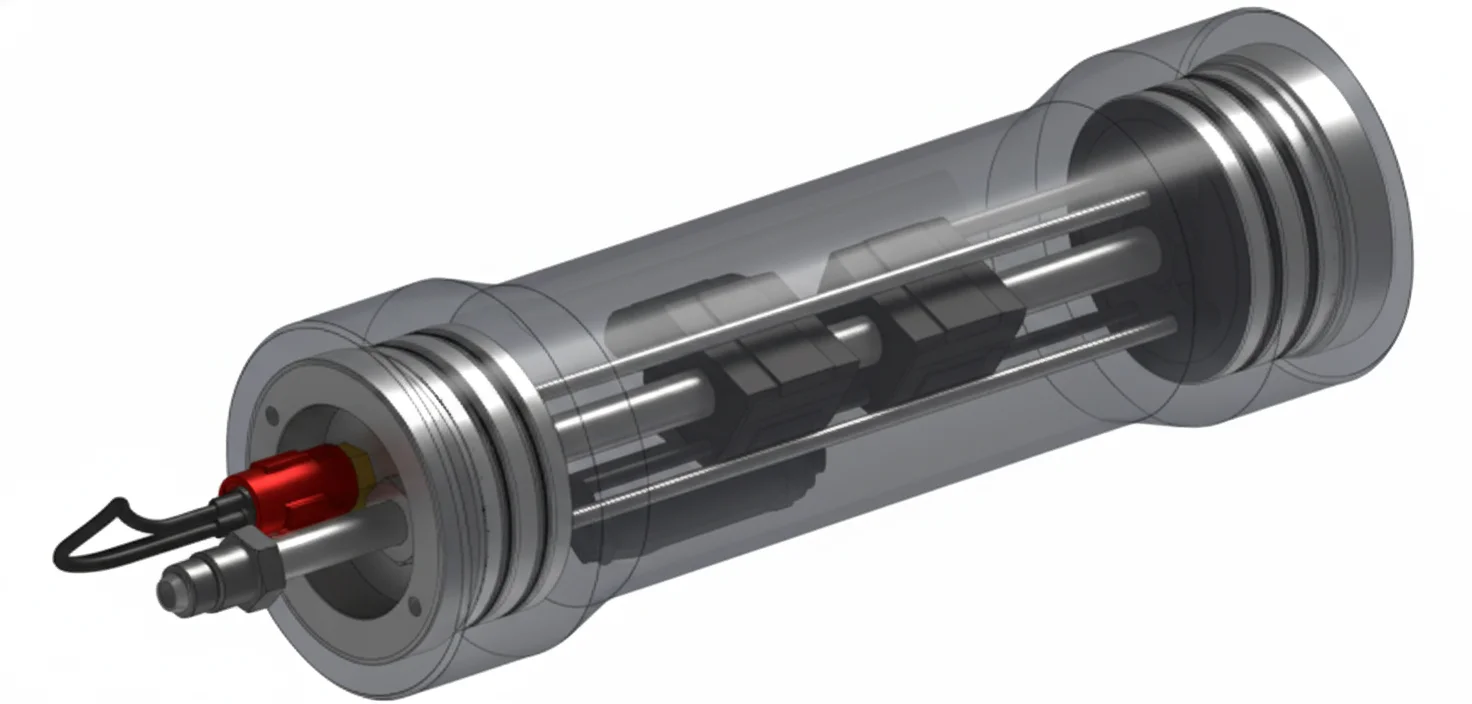Design schematic of the IRIAN MECATRONICS 6000m marinized flowmeter, showing the pressure housing.