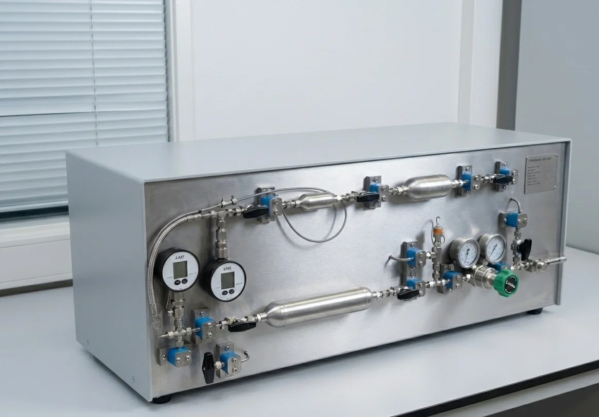Banc de mesure de perméabilité au gaz IRIAN MECATRONICS avec réservoirs tampons en inox et manomètres de précision.
