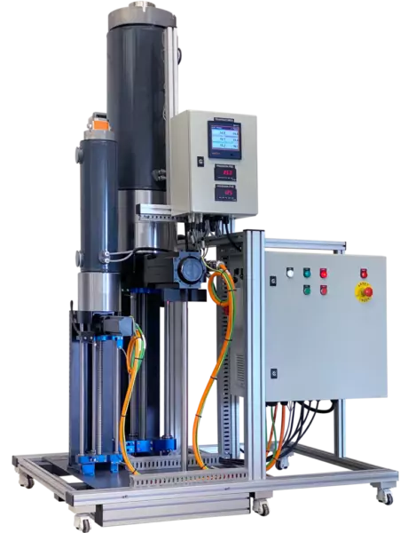 Banc de test hydraulique double pompe seringue avec châssis aluminium et motorisation hybride.